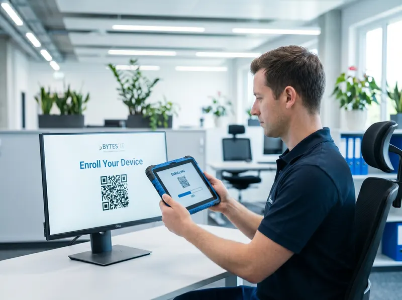 warehouse worker enrolling an Android device by QR code