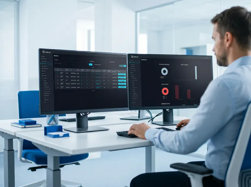 IT administrator monitoring a live Android fleet dashboard