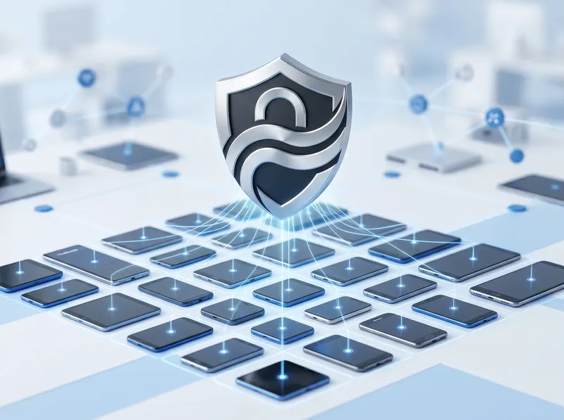 security shield protecting a grid of Android devices