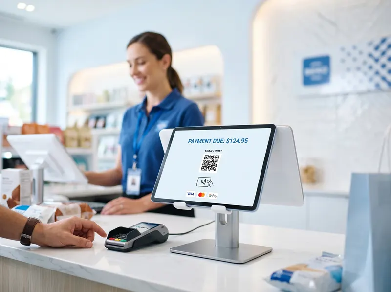 retail counter with Android POS tablet in kiosk mode