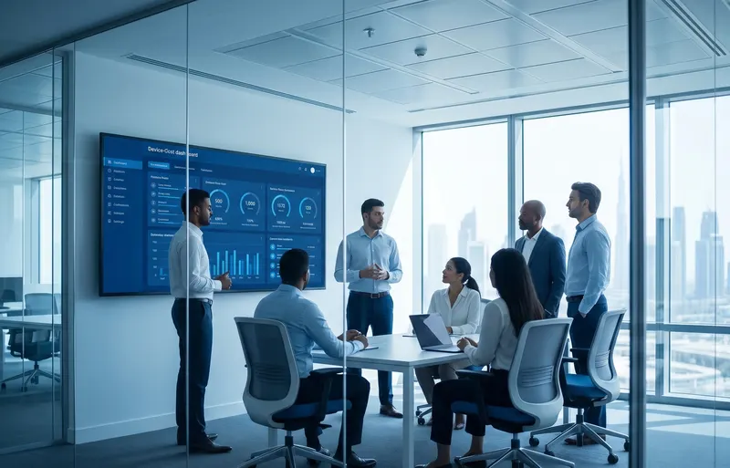 Mobilium team in a modern office reviewing a fleet dashboard